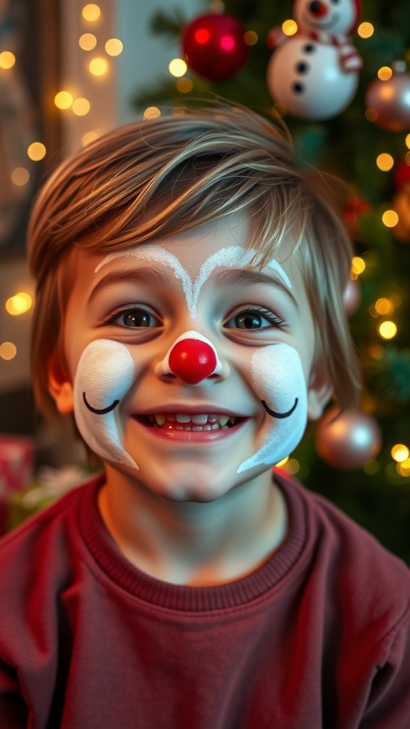 Festive Christmas Makeup Ideas for Children A happy child with snowman-themed Christmas makeup, smiling in front of a decorated Christmas tree.